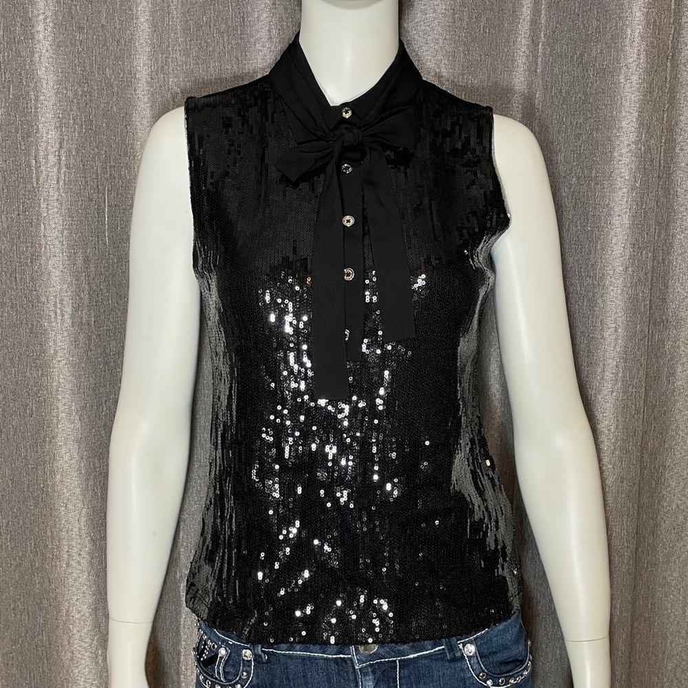 Tommy Hilfiger Black Sequin Collared Tie Neck Top